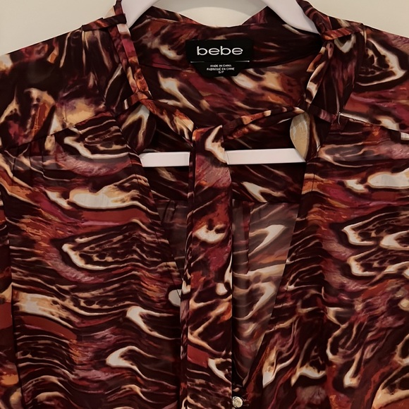 Bebe, S, blouse, maroon, sheer, tie - Picture 5 of 13